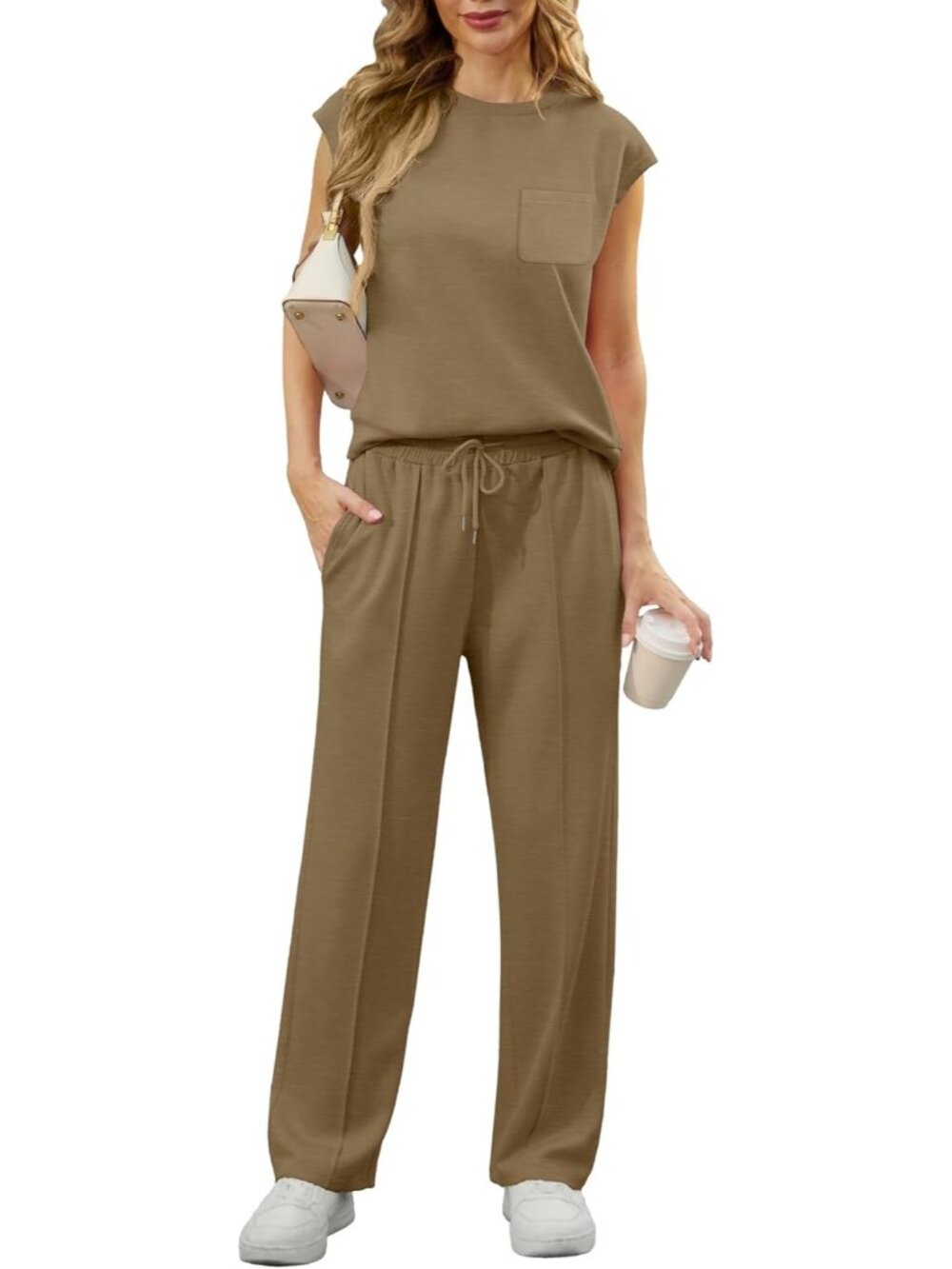 Women's Khaki 2 Piece Sets Summer Outfits Sleeveless Wide Leg Tracksuits Casual